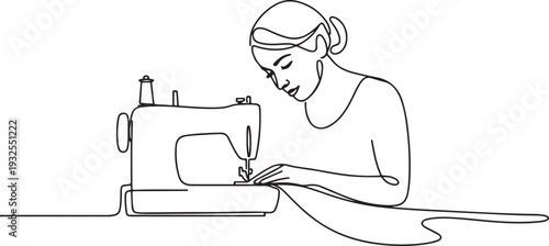 A woman sews fabric using a sewing machine. Seamstress's work.one line vector illustration with white background