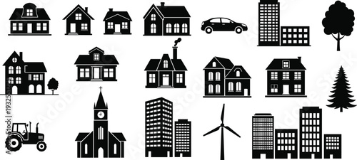 Black vector silhouettes collection of suburban houses apartment buildings church tractor wind turbine car and trees isolated on white background for real estate and city design.