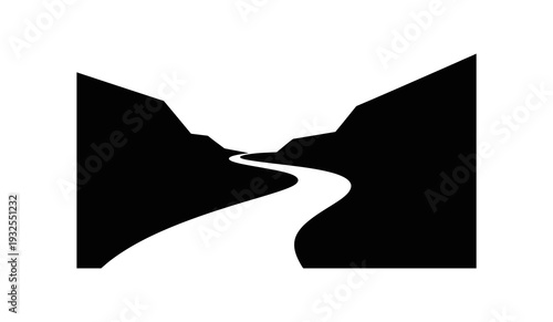 A stark black and white silhouette of a winding river carving its path through a canyon with dramatic, dark, imposing rock formations on either side, evoking a sense of journey and natural beauty