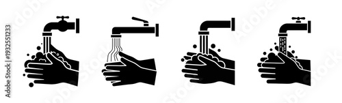 A comprehensive set of black silhouette icons illustrating the critical steps of proper handwashing, emphasizing hygiene and sanitation practices essential for health protection and germ prevention