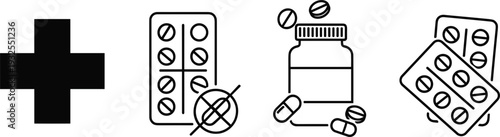Medical pharmacy icons set with pills medicine bottle prescription cross vector illustration collection