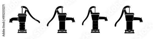 Four distinct vector illustrations of vintage hand water pumps, rendered in a striking black and white minimalist style, representing essential tools for water extraction and traditional utility