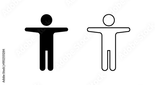 Set of 2 Human Figure Icons Vector: Black Solid Silhouette and Outline Stickman Symbol for People, Person, or User Representation