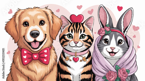 Friendly dog cat and rabbit in valentine's day costumes with hearts