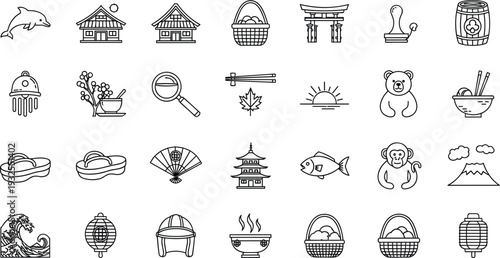 Japanese culture line icons set with traditional symbols food architecture animals and nature vector illustration collection