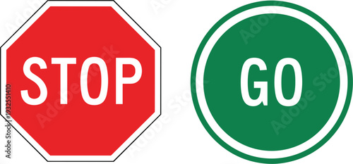 Red stop sign and green go sign vector set for traffic control road safety navigation and regulatory street signal design isolated on white.