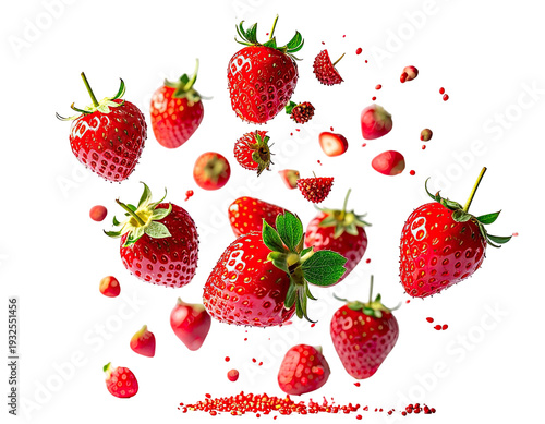 Vibrant, juicy strawberries burst and scatter in a dynamic airborne composition