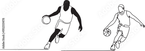 Basketball player dribbling the ball.one line vector illustration with white background