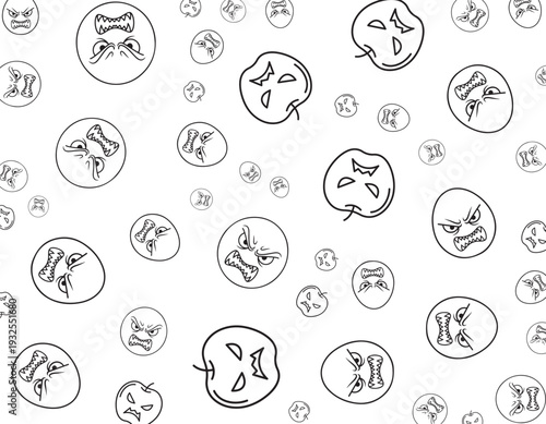 Various abstract faces and symbols scattered across a simple white background in a visually appealing illustration