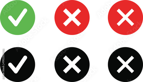 Set of green checkmark and red cross icons in circles with black versions for approval, rejection, voting, choice, and correct or incorrect validation.