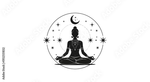 A black and white image of a person meditating in a celestial setting