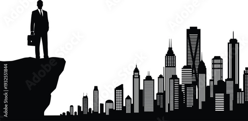Businessman silhouette standing on a cliff edge overlooking a city skyline, black and white vector art representing leadership success vision career goals and urban ambition.