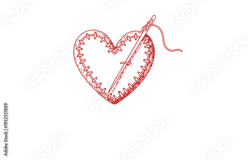 Hand Stitched Heart with Needle Silhouette, Crafty Tactile DIY Vector Sticker, Cozy Sewing and Embroidery Illustration