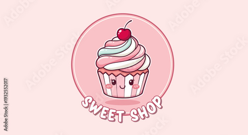 Cute Kawaii Cupcake with Cherry and Swirl Frosting.