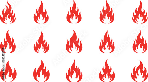 Set of red fire flame icons for heat energy flat vector illustration of campfire blaze and hot temperature symbols isolated on white background.