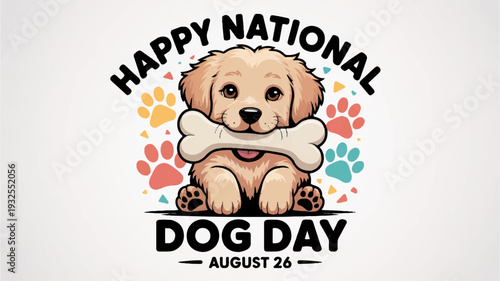 Cute golden retriever puppy holding bone happy national dog day august 26th colorful paw prints