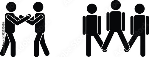 Stick figure people icons illustrating physical interaction teamwork and cooperation silhouettes for business collaboration human resources social behavior and community development graphics.