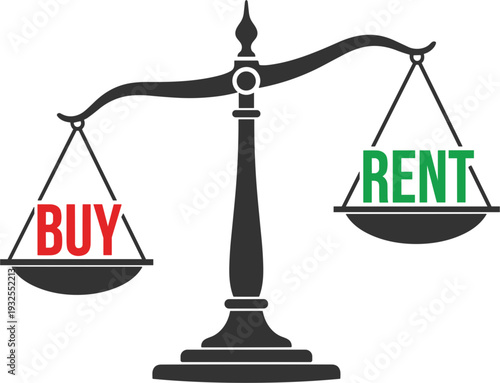 Balance scale vector illustration comparing buy versus rent options for real estate mortgage financial decisions and property investment strategy analysis on white background.