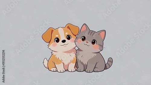 Wallpaper Mural Cute cartoon puppy and kitten sitting together, smiling and hugging — adorable pet friendship illustration for children's books, greeting cards, and pet-themed designs Torontodigital.ca
