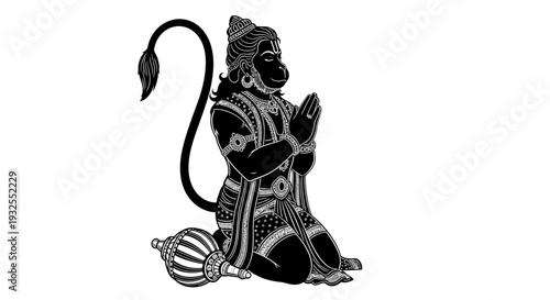 A black and white image of a monkey sitting in a meditative pose