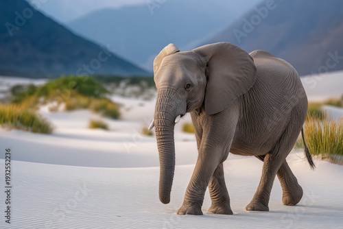 A large elephant is walking across a sandy desert