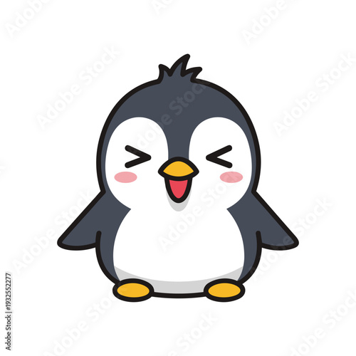 Cute black and white penguin laughing with closed eyes and rosy cheeks