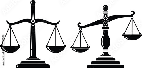Black and white vector silhouettes of scales of justice set for law firm branding legal services and ethical balance concept isolated on white.