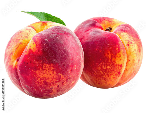 Two ripe, vibrant peaches with a green leaf, isolated on black