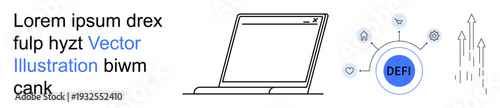 Financial technology, blockchain, investment platforms, digital economy, decentralized networks, online solutions. Outline of a laptop with DeFi and icons. Financial technology and blockchain concept