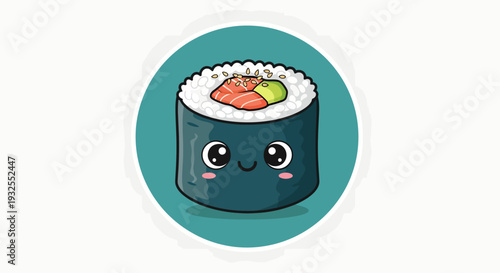 Cute Kawaii Sushi Roll with Adorable Face Illustration.