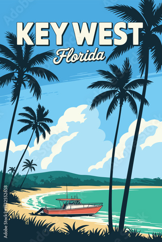 Retro Poster Key West Florida Beach Featuring Palm Tree, Sailboat, Coastal Surf and Ocean View, Vintage Style Isolated Vector Illustration for Travel Promotion and Seaside Wall Art