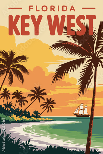 Key West Florida Beach Retro Travel Poster with Palm Tree, Sailboat on Ocean Coast, Rolling Surf and Tropical Seaside Scene, Vintage Style Isolated Vector Illustration
