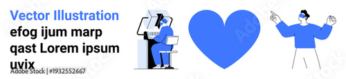 Web design, communication, appreciation, digital interaction, teamwork, relationships. Two characters with a large heart symbol between them. Communication and appreciation concept