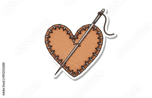 Hand Stitched Heart with Needle Silhouette, Crafty Tactile DIY Vector Sticker, Cozy Sewing and Embroidery Illustration