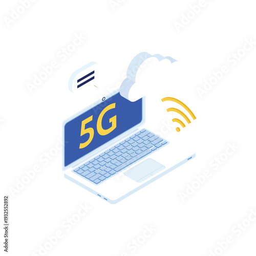Laptop Computer Showing 5G Wireless Connectivity and Cloud Integration.
