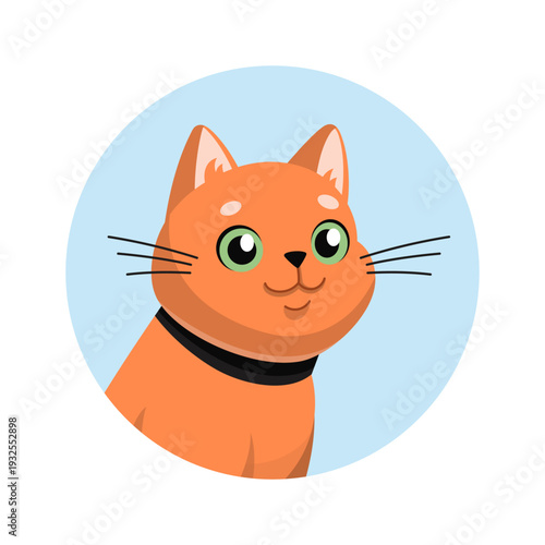 Red cat in circle frame Cartoon illustration. Happy kitten with collar avatar. Vector illustration. Flat design. Pet shop, vet clinic character, mascot.