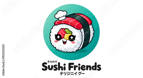 Cute Sushi Friends Logo with Adorable Nigiri and Maki Characters.