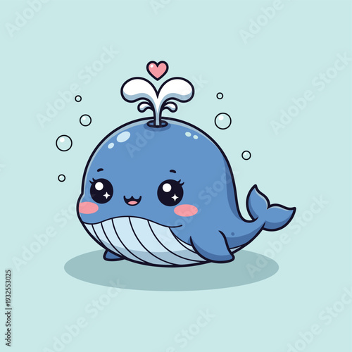 Cute blue cartoon whale spouting water with heart bubble