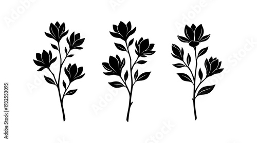 Three black silhouette botanical sprigs with leaves, vector-style illustration for nature decor, garden design, and minimalist floral art