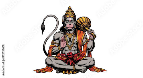 Hindu god hanuman sitting in lotus position with devotee