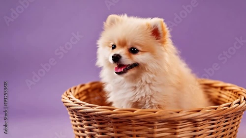 Wallpaper Mural Adorable fluffy Pomeranian puppy sitting in a woven wicker basket against soft purple background, smiling and looking cheerful — perfect for pet, lifestyle, and greeting card use. Torontodigital.ca