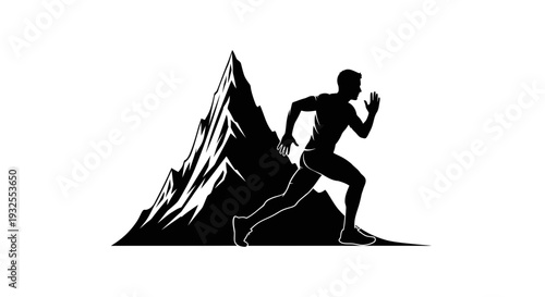 A silhouette of a man running in front of a mountain