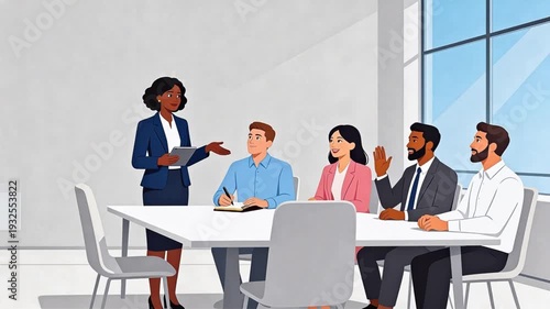 Wallpaper Mural Diverse business team in modern conference room: confident Black woman presenter leading meeting with colleagues taking notes and engaging—professional collaboration, leadership, and inclusivity conce Torontodigital.ca
