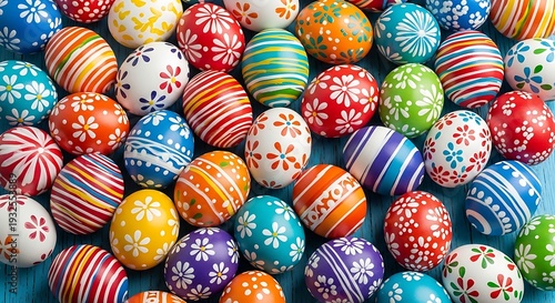 A vibrant assortment of colorful easter eggs with various patterns and designs
