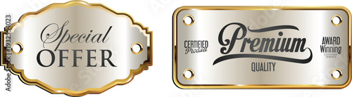 Two gold and silver labels with special offer and premium quality text
