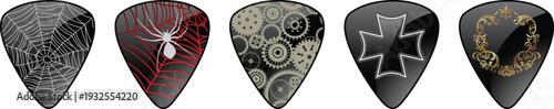 A row of five guitar picks with unique designs