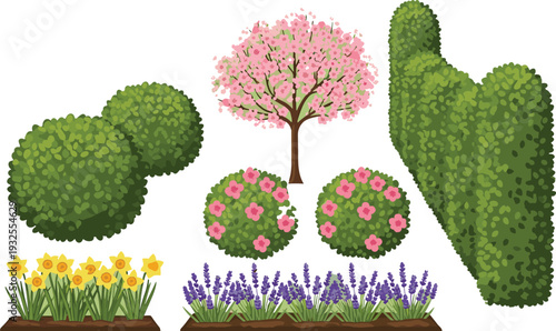 Spring garden landscape elements collection featuring blooming pink cherry blossom tree, yellow daffodils, purple lavender, green bushes, and topiary hedges