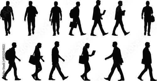 Silhouettes of people walking diverse postures carrying bags backpacks laptops motion stance human figure design illustration