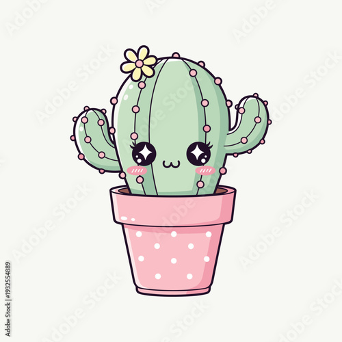 Cute green cactus in pink polka dot pot with flower and face
