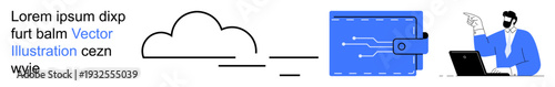Data storage, financial technology, online payments, cybersecurity, remote work, digital communication. Cloud icon, digital wallet person at laptop. Data storage and financial technology concept